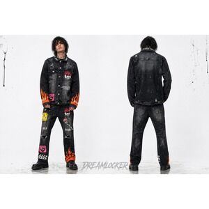 THRT Denim Custom Painted Jacket Jeans Set Punk‎ Goth Emo Streetwear 40x30